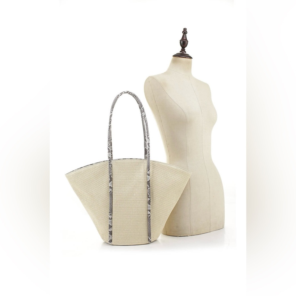 Straw Tote with Snake Trim Handles